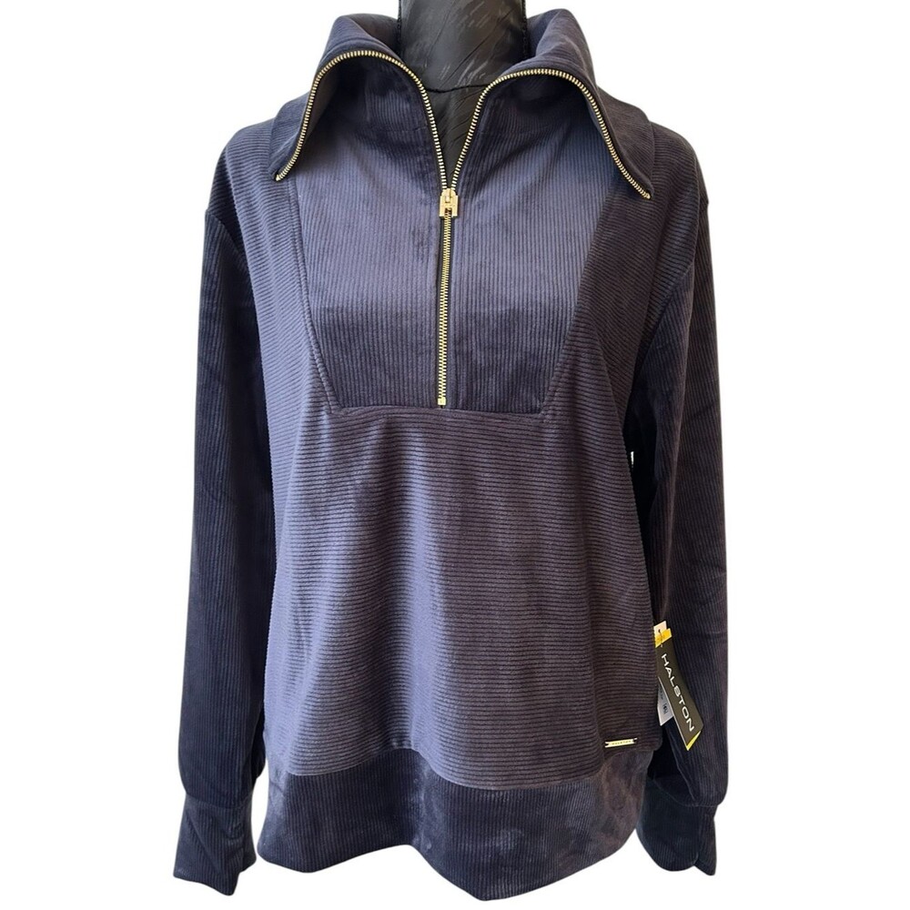 Halston Heritage Navy Velour Corduroy Half-Zip Pullover Top -  NWT - Size M